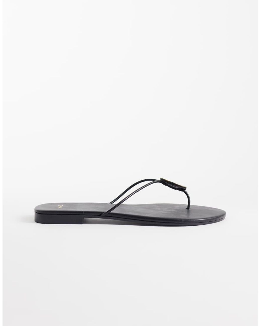 Mango Blue 100% Leather Flat Sandals With Pearl Detail