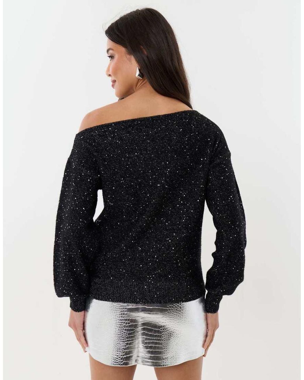 Threadbare Black Knitted Sequin Slash Neck Jumper