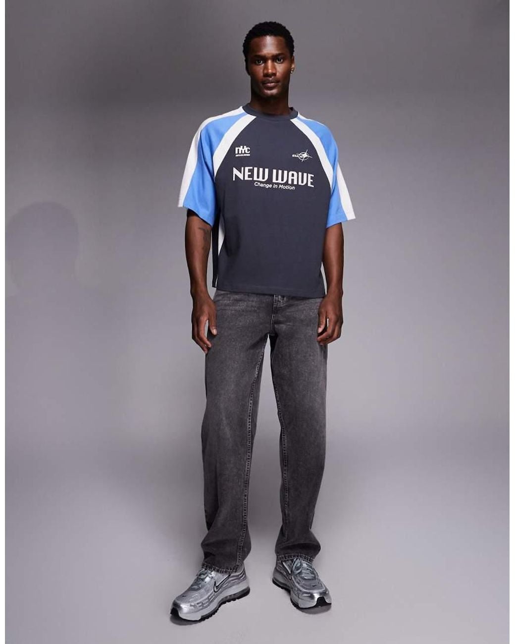 ASOS Blue Boxy Oversized T-shirt With Cut And Sew Paneling And Sports Graphic for men