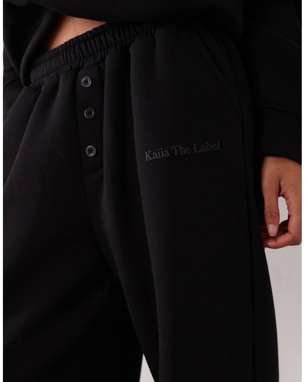 Kaiia Black Cotton Rich Logo Detail Button Wide Leg joggers Co-ord