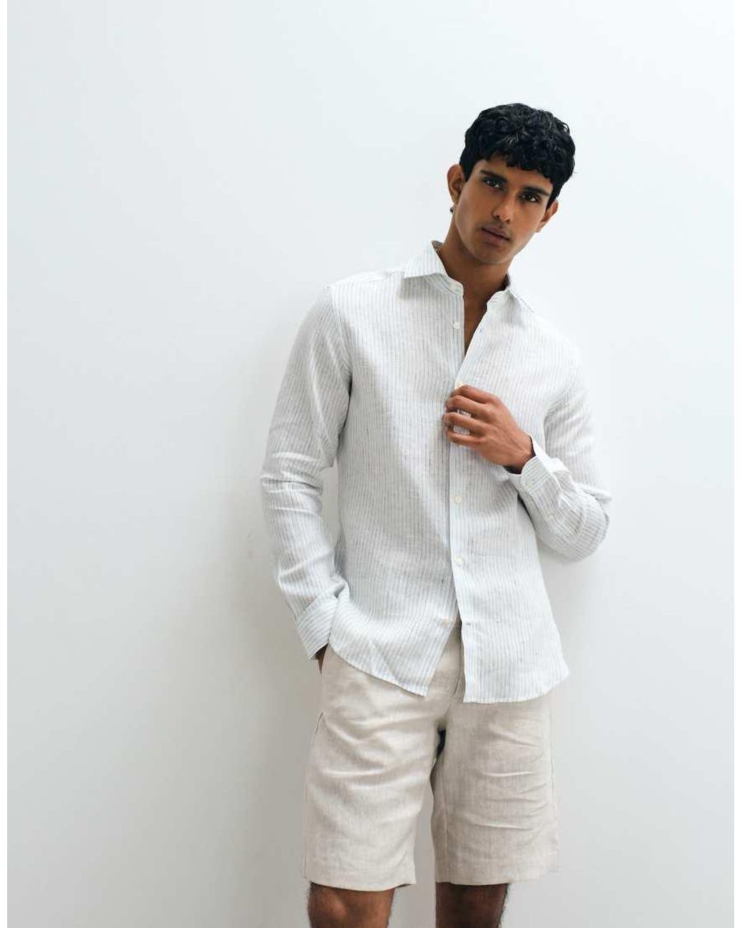 Mango White 100% Linen Striped Shirt for men