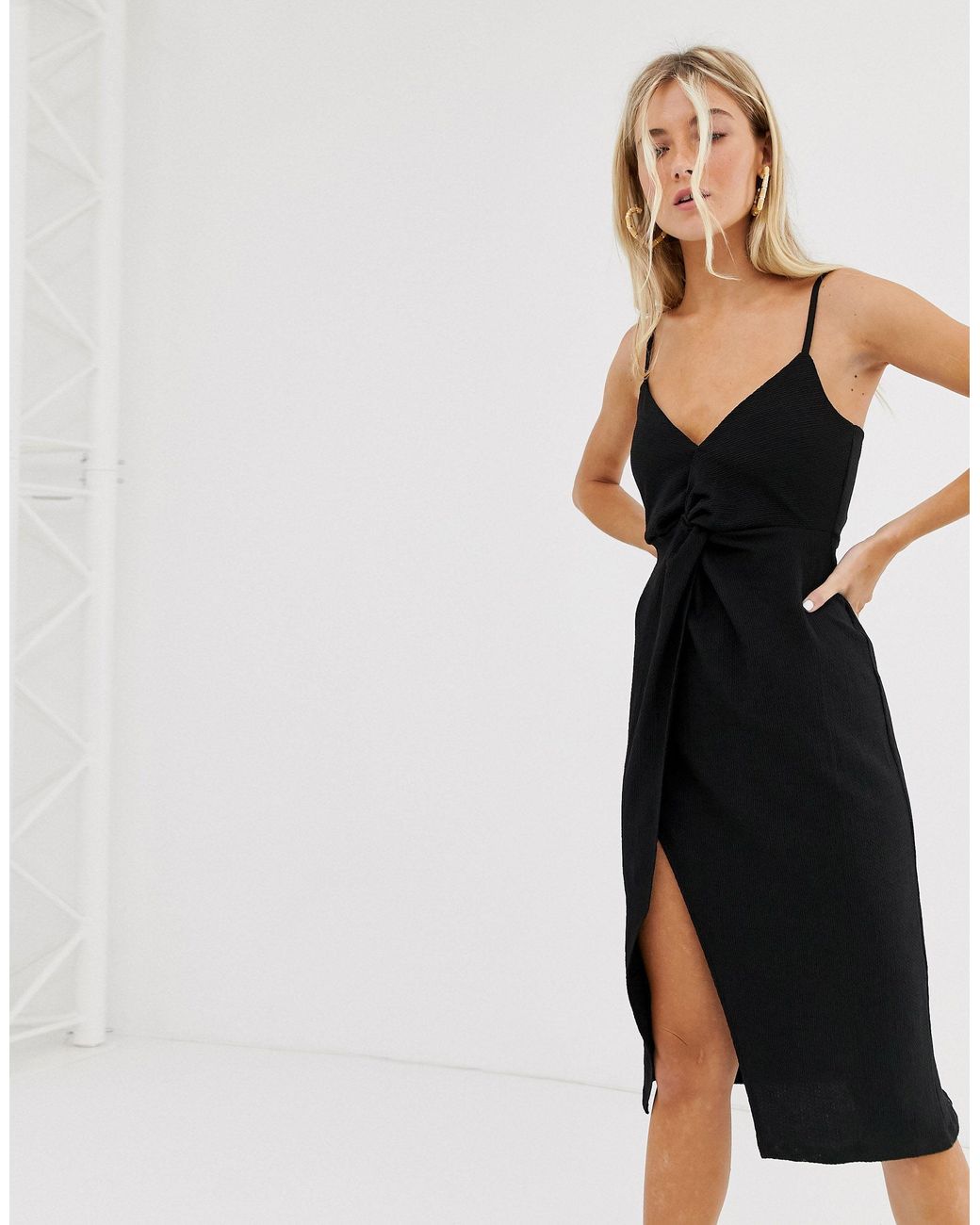 Bershka Cami Dress With Knot Front in Black | Lyst