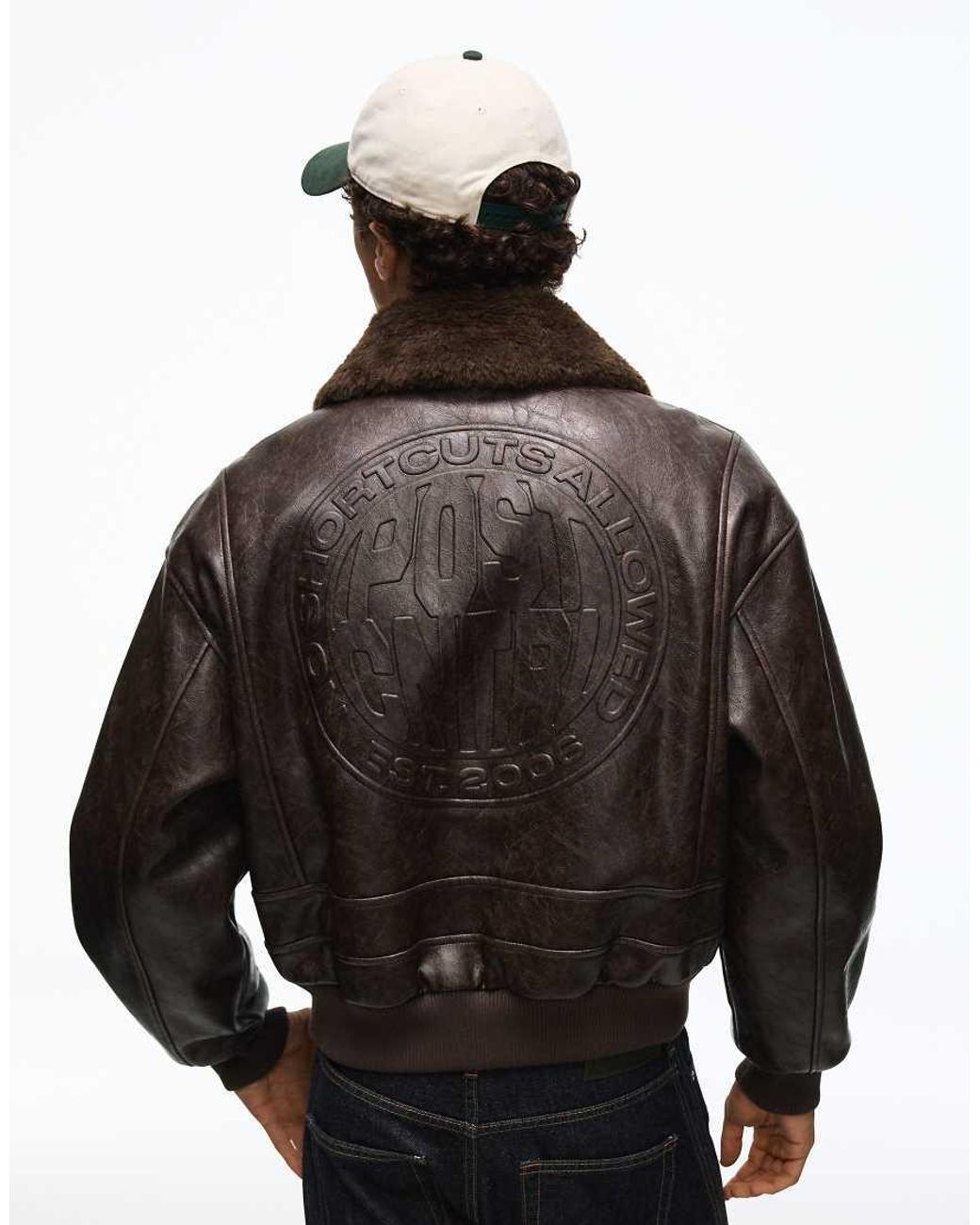 Bershka Black Leather Effect Bomber Jacket With Fur Collar for men