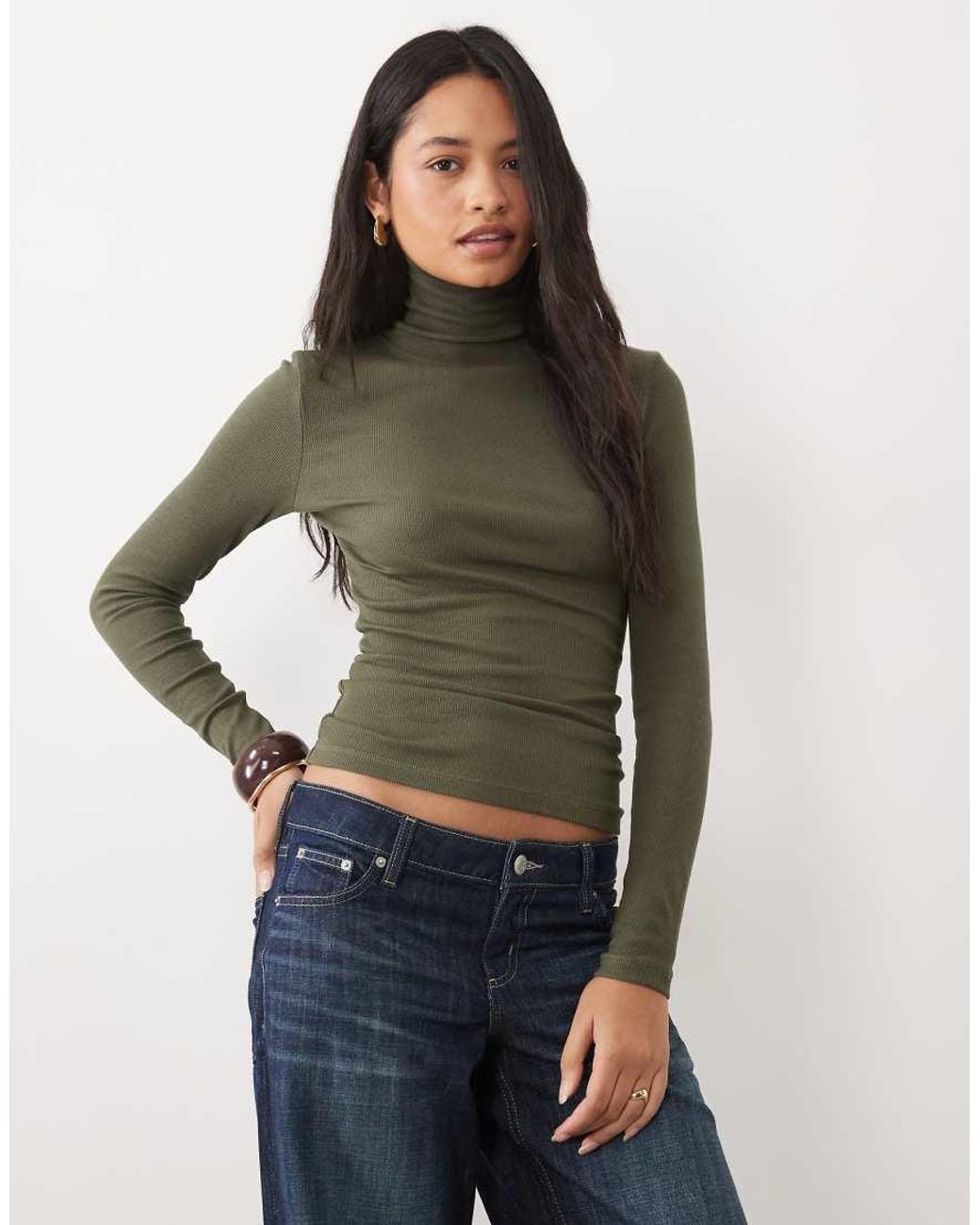 Brave Soul Blue Long Sleeve Ribbed Roll Neck Top