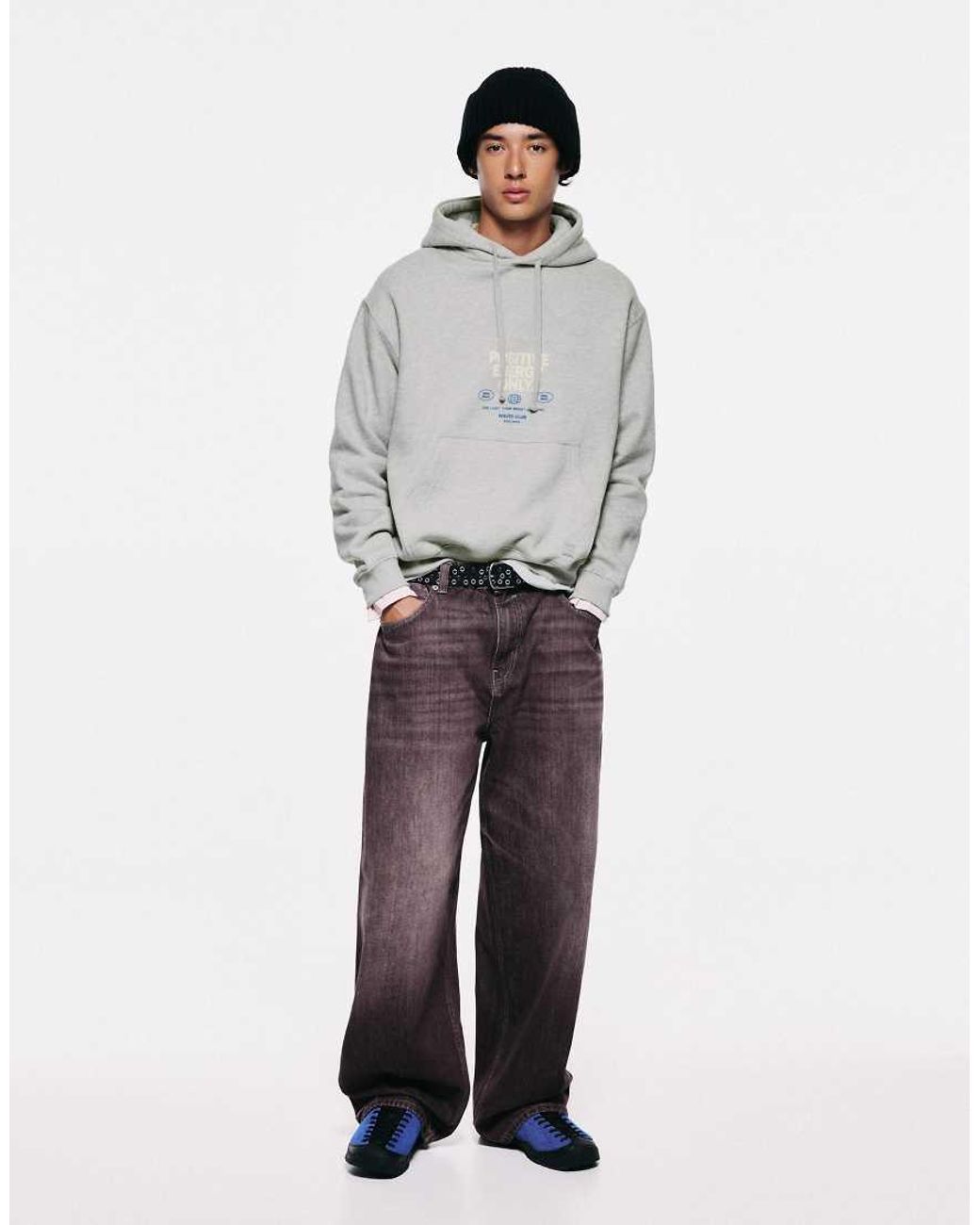 Pull&Bear Gray Relaxed Hooded Graphic Sweatshirt for men