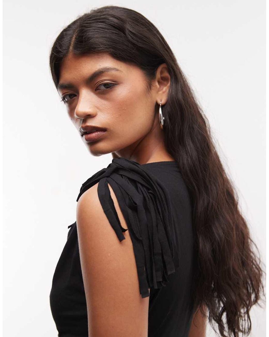 ASOS Black Fringing Detail Ruched Tank Top