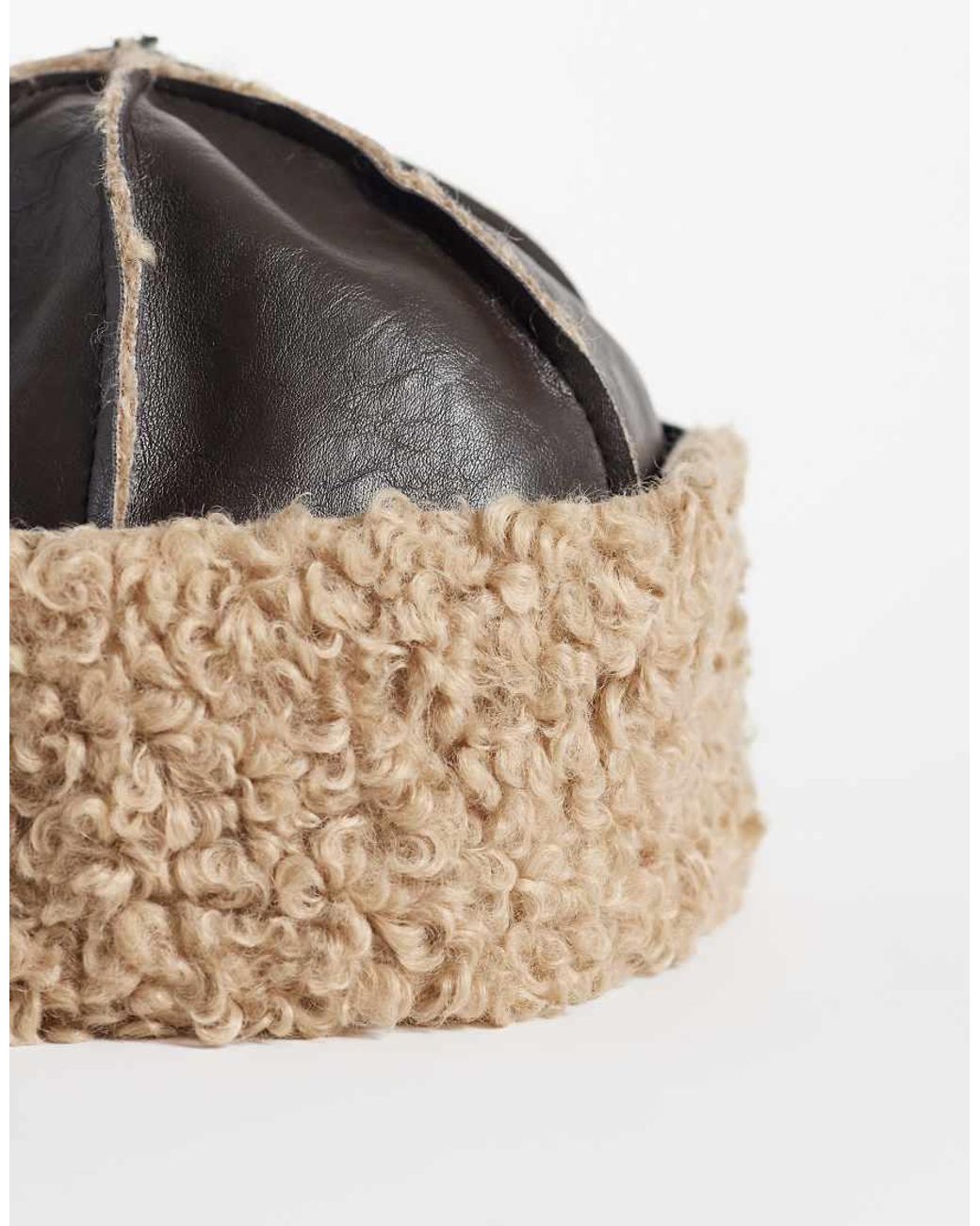 Pieces Brown Faux Leather Winter Hat With Shearling Trim