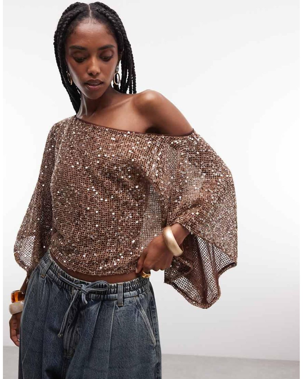 ASOS Brown Sheer Crochet Sequin Asymmetric Slouchy Cape Top