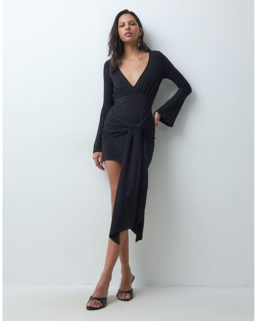 ASOS Black Long Sleeve Scoop Neck Mini Dress With Twist Drape Detail