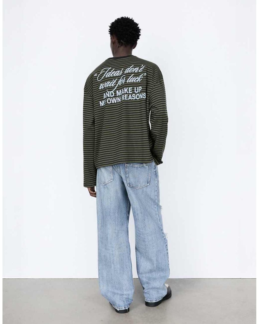 Pull&Bear Green Striped T-Shirt With Text for men