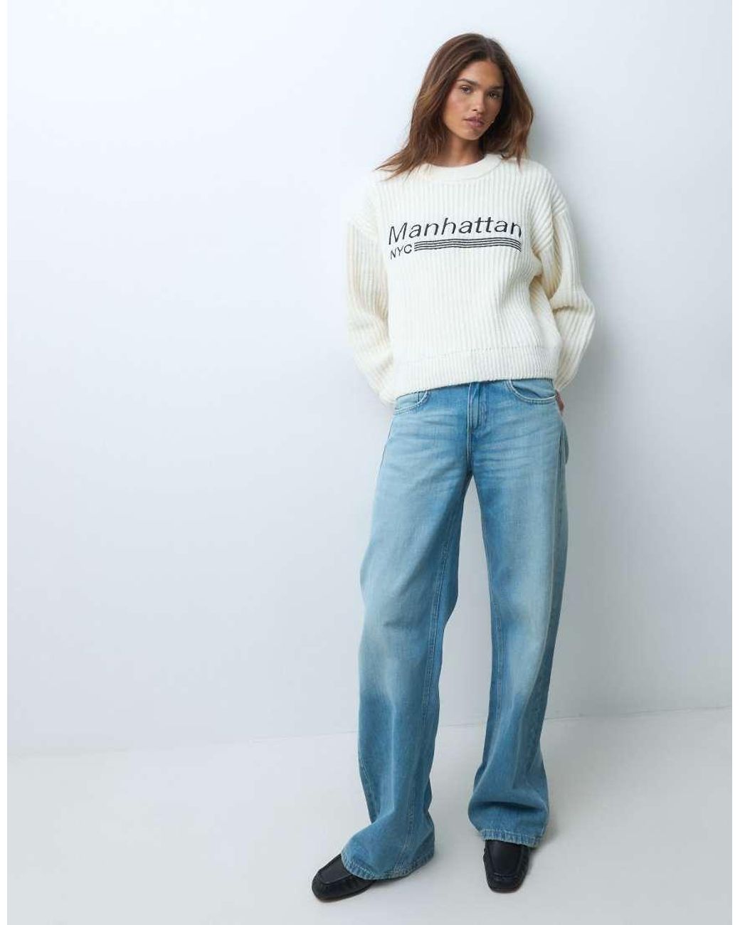 The Frolic Gray Exclusive 'manhattan Nyc' Logo Chunky Knit Sweater