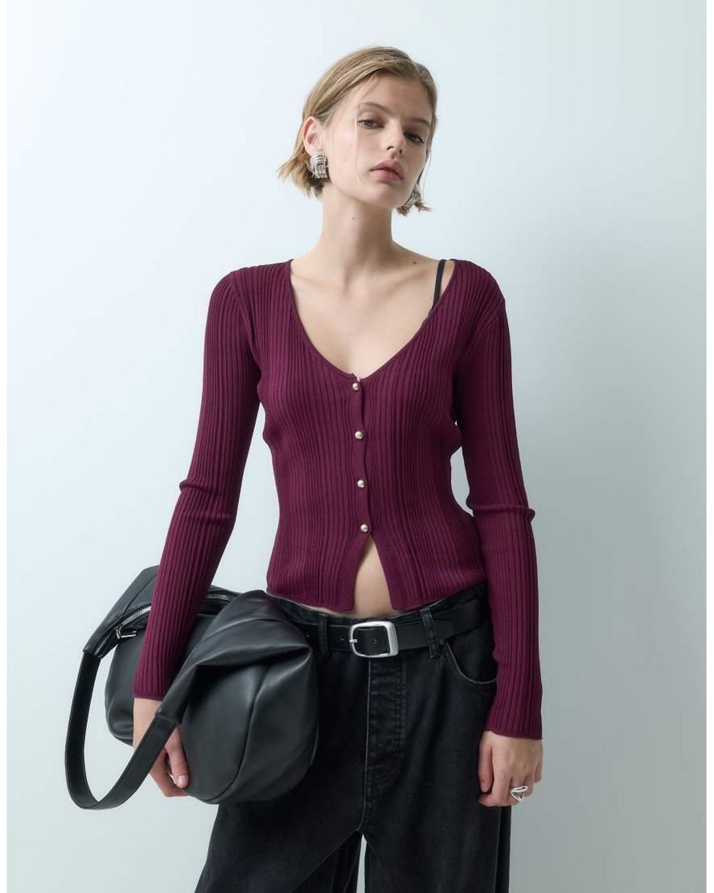 Miss Selfridge Red Fine Knit Rib Top With Buttons