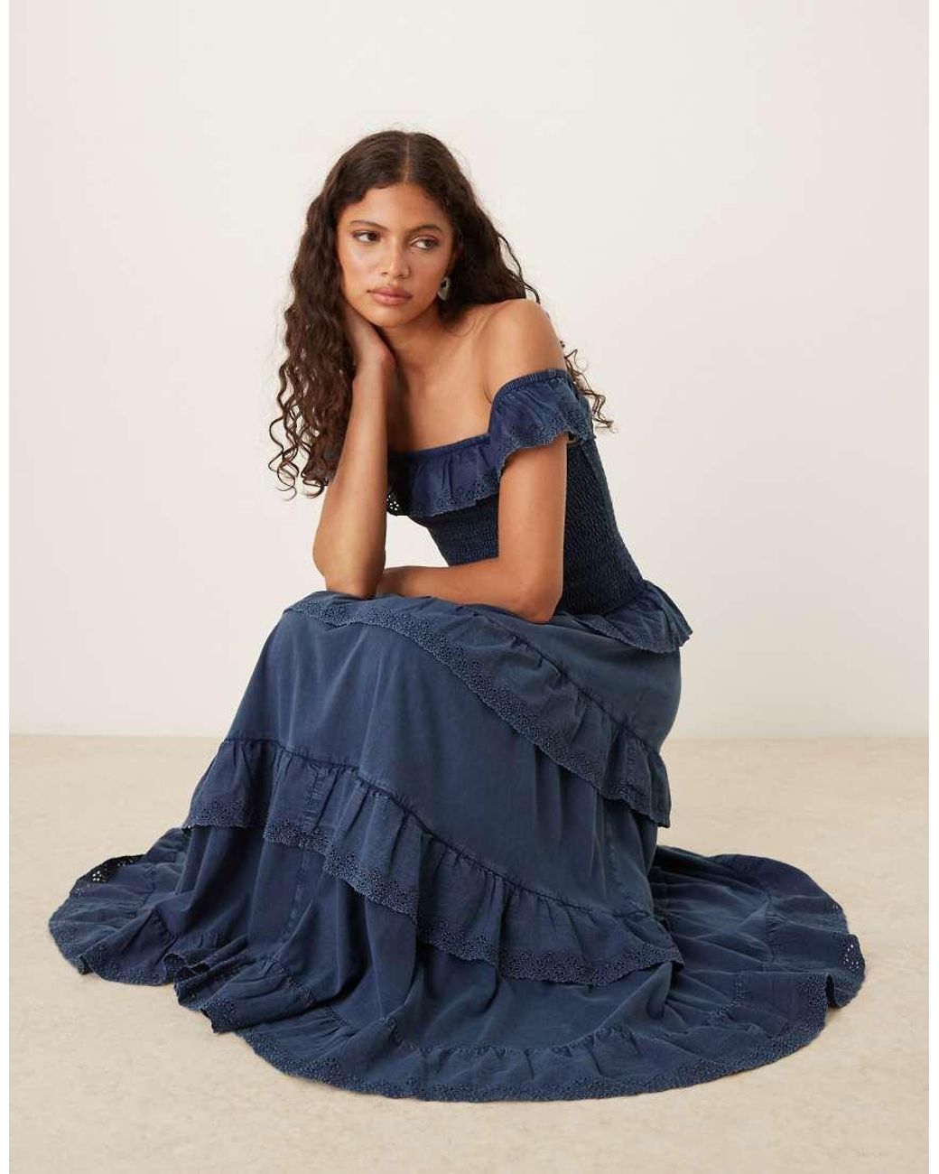 ASOS Blue Premium Shirred Bodice With Ruffle Broderie Detail Maxi Dress
