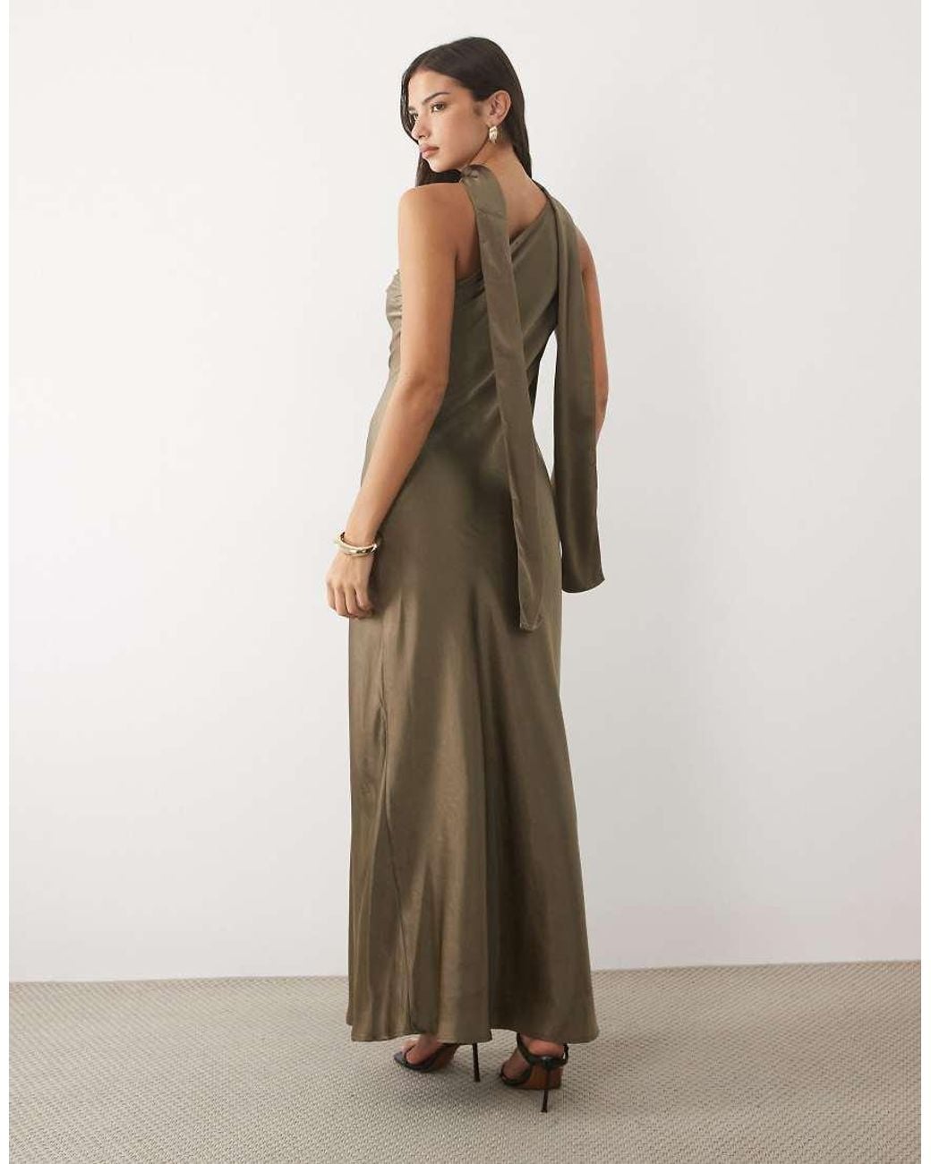 TFNC London Natural Satin One Shoulder Maxi Dress With Scarf