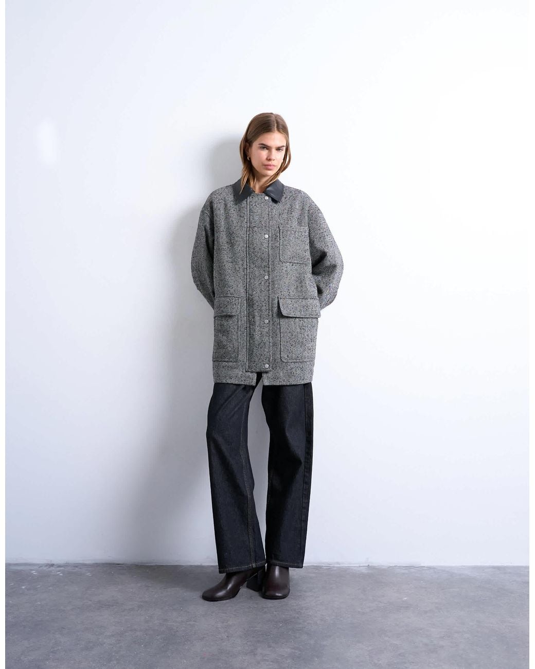 TOPSHOP Gray Heritage Twill Field Jacket With Contrast Faux Leather Collar