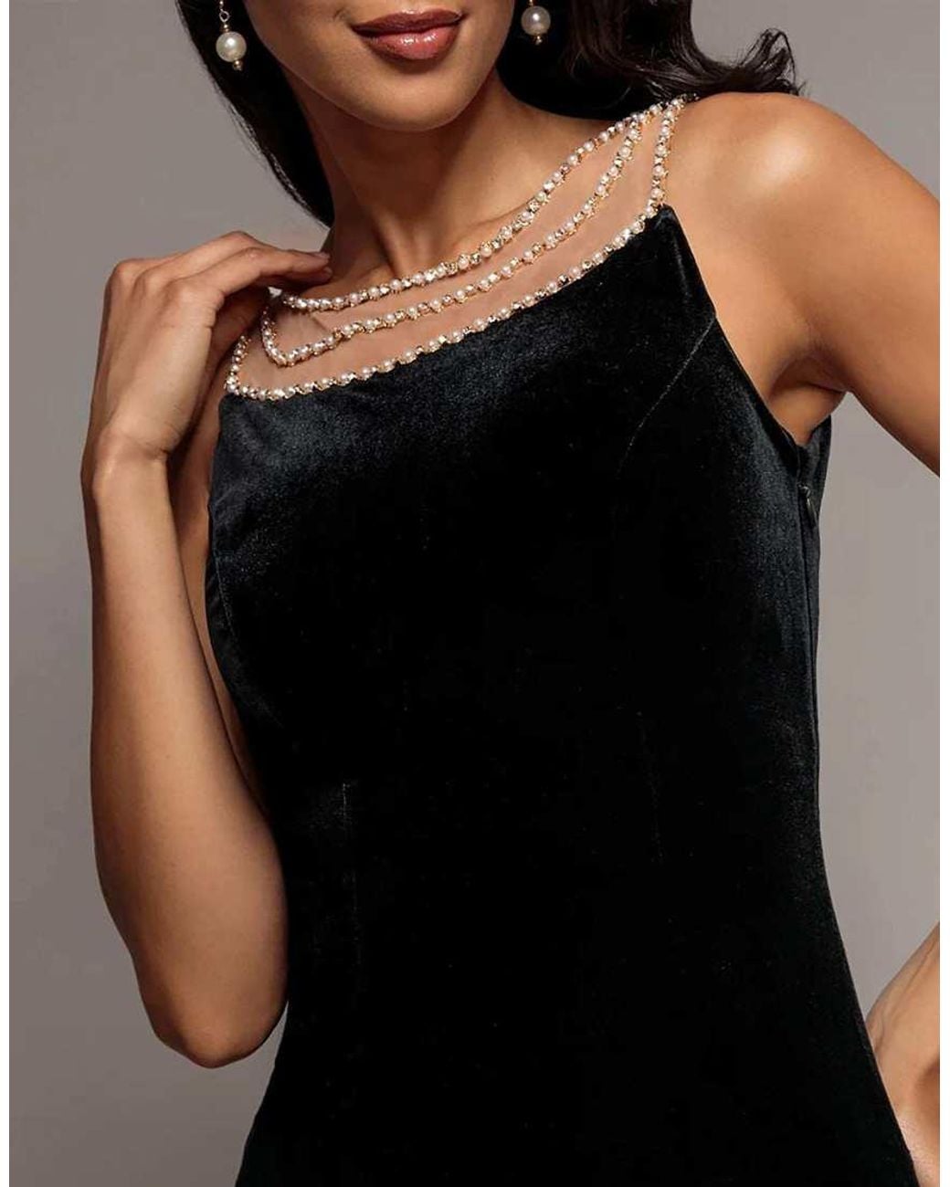 Goddiva Black Pearl Diamante Neck Velvet Maxi Dress