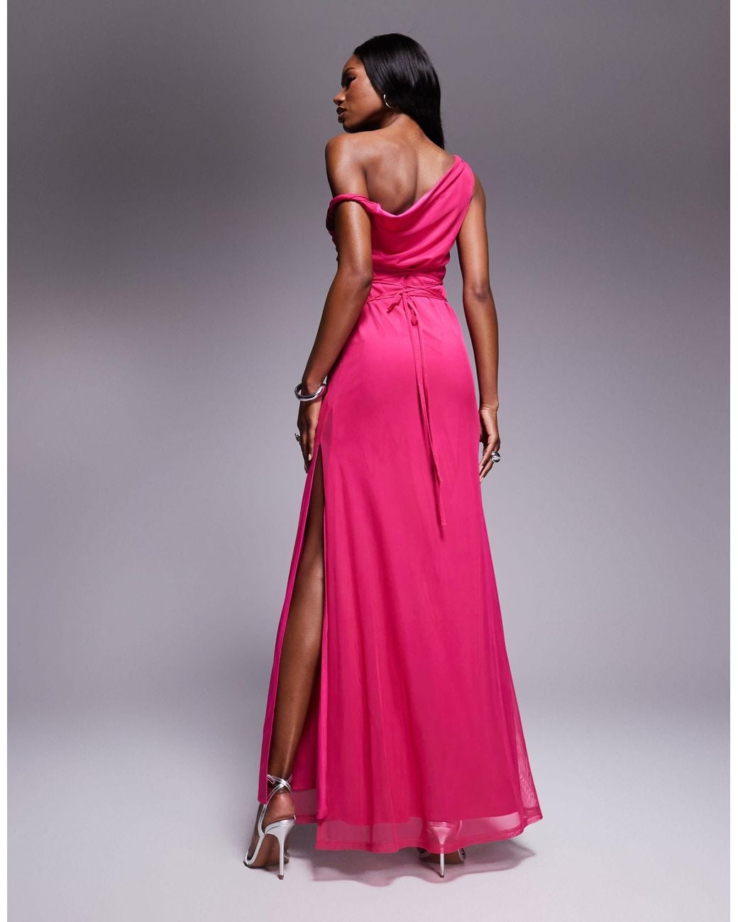 ASOS Pink Twist Shoulder With Lace Up Back Mesh Maxi Dress