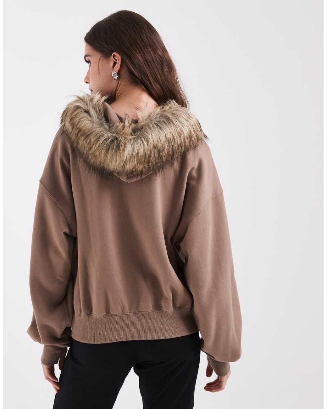 Hollister Brown Logo Graphic Zip Through Hoodie With Fur Trim