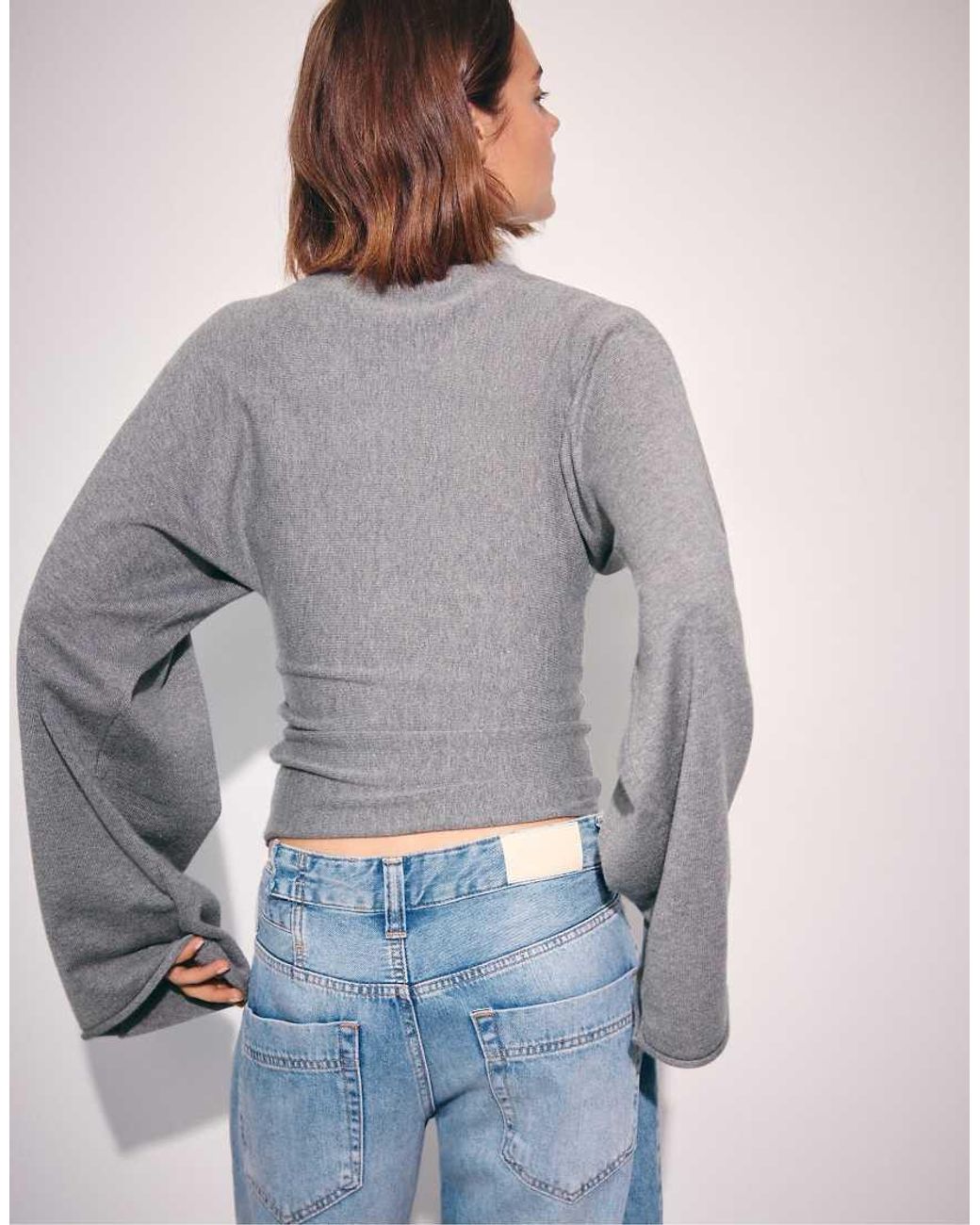 Stradivarius Gray Stand Collar Knit Jumper With Kimono Sleeves