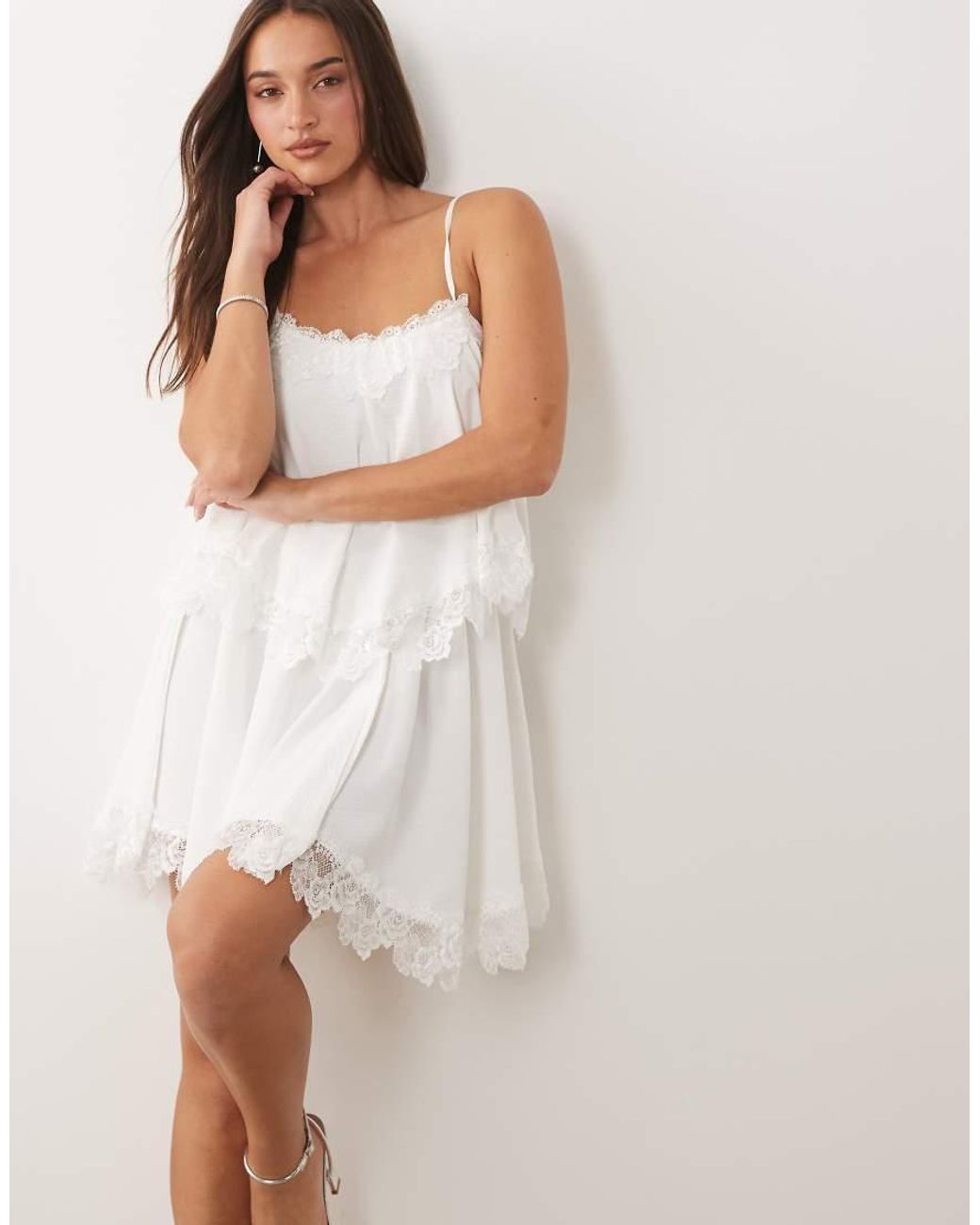 Fashionkilla Natural Exclusive Lace Trim Ruffle Tiered Lace Up Back Detail Mini Dress