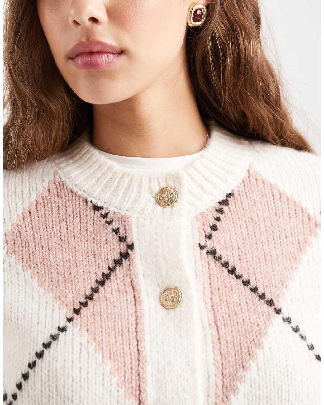 New Look Natural Argyle Crew Neck Cardigan