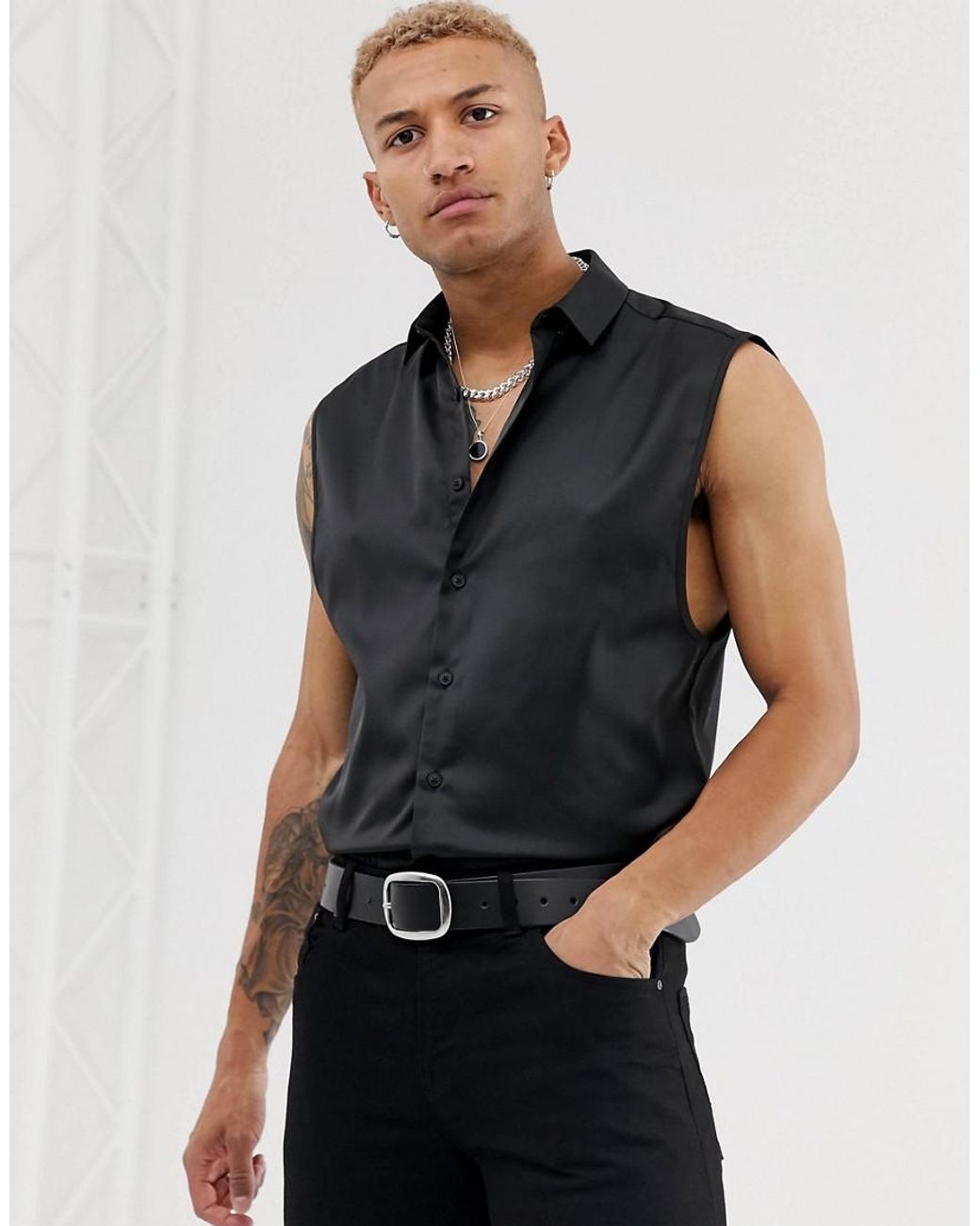 ASOS Regular Fit Satin Sleeveless Shirt in Black for Men | Lyst