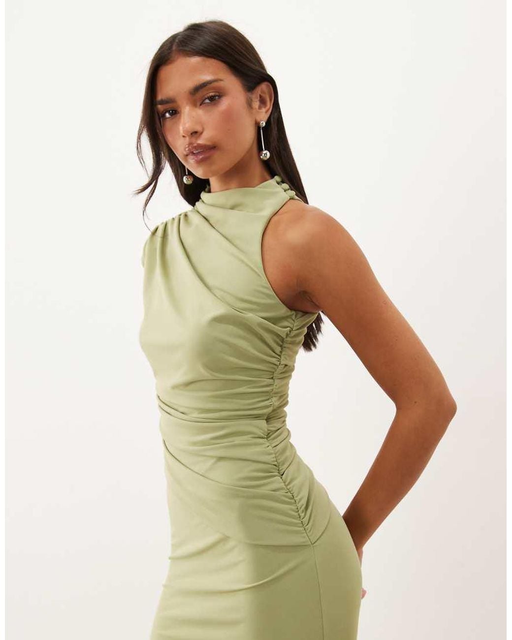 ASOS Green High Neck Asymmetric Ruched Midi Dress