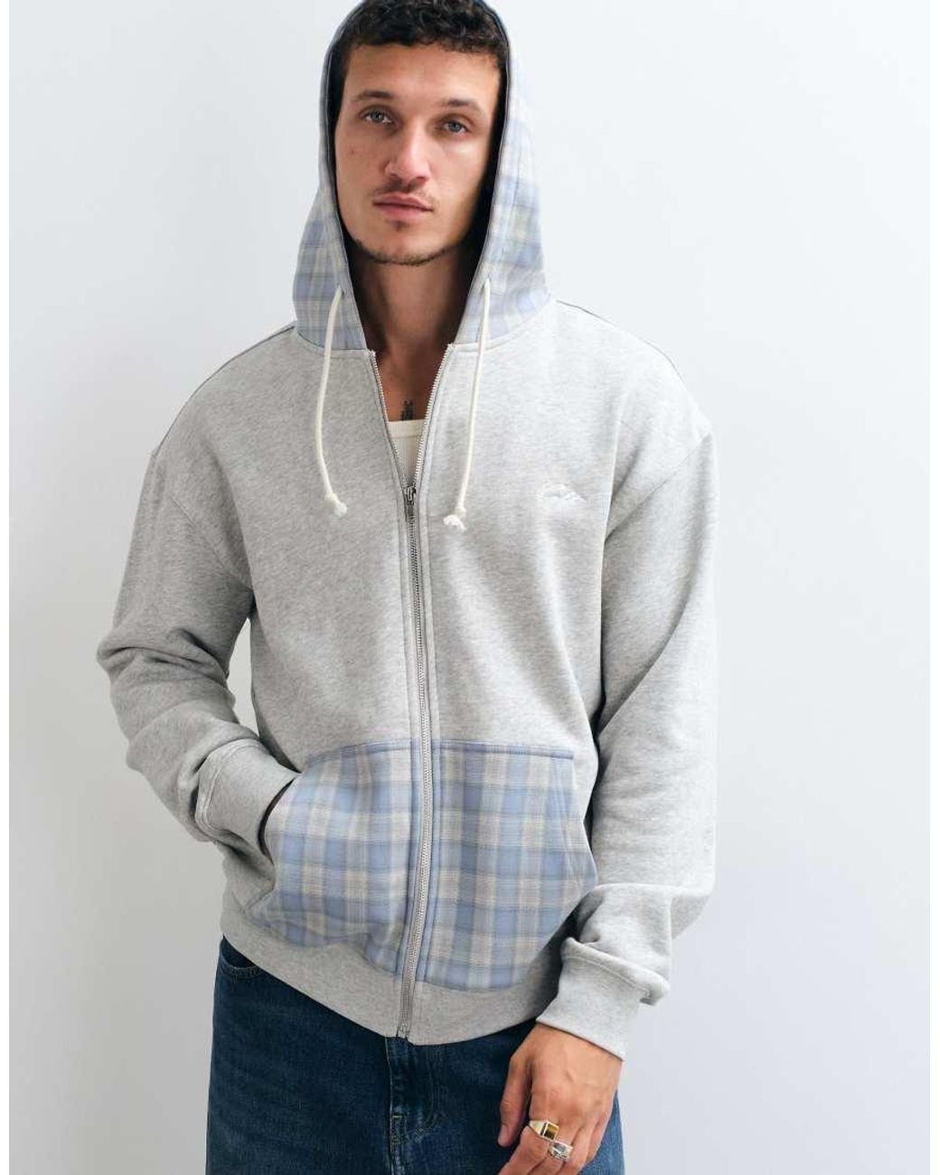 Colt MCR Gray Colt Heavyweight Regular Fit Contrast Gingham Zip Through Hoodie for men