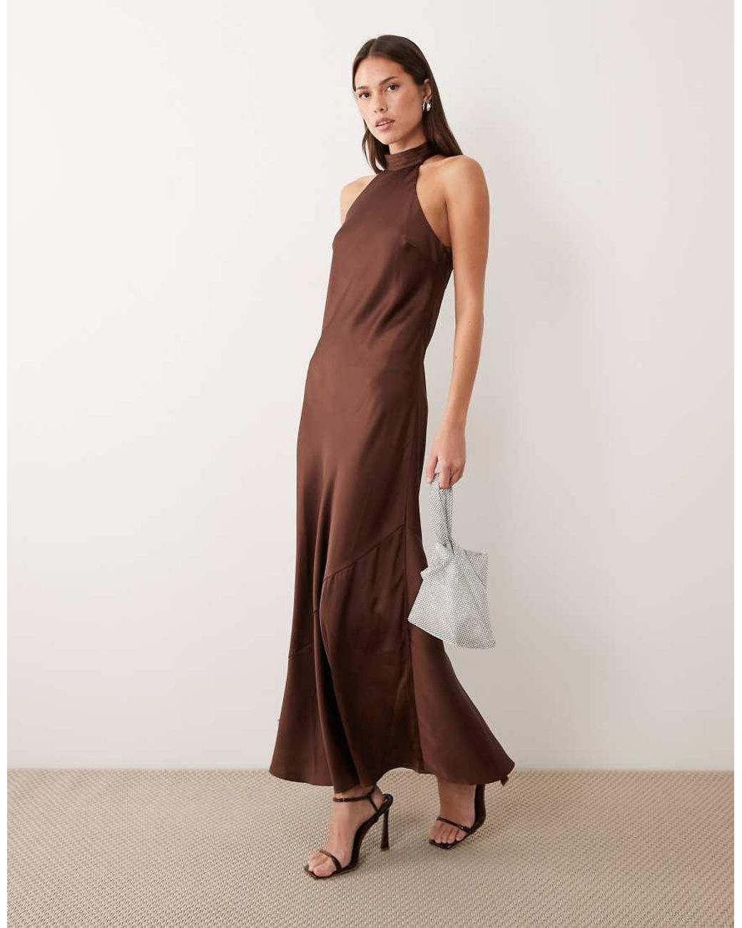Vila Brown Halter Neck Backless Satin Maxi Dress