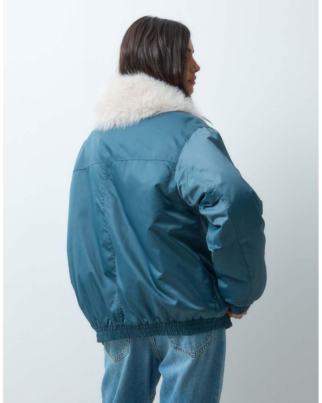 ASOS Blue Ma1 Bomber Jacket With Natural Faux Fur Trim