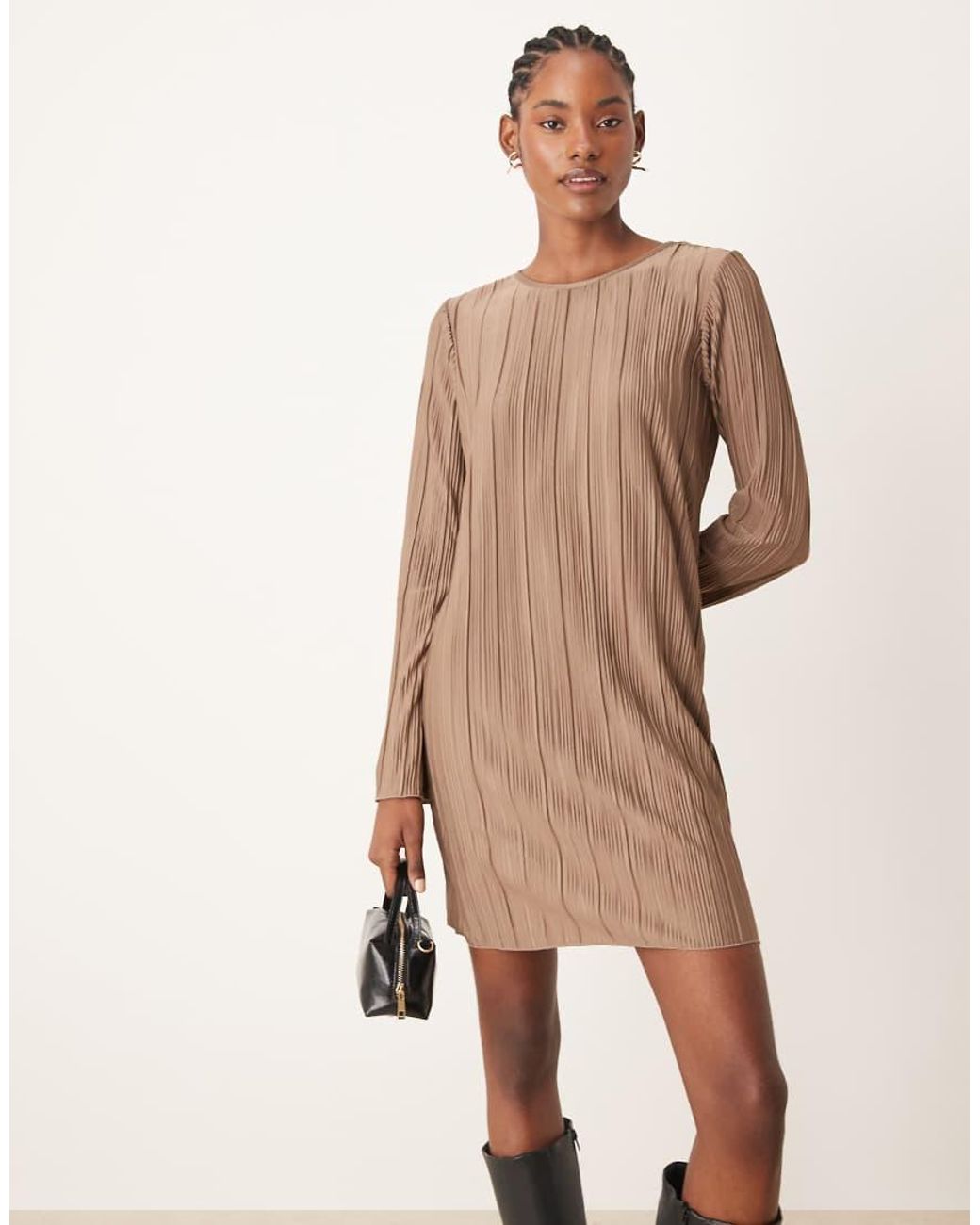 JDY Tall Brown Plisse Flute Sleeves Mini Dress