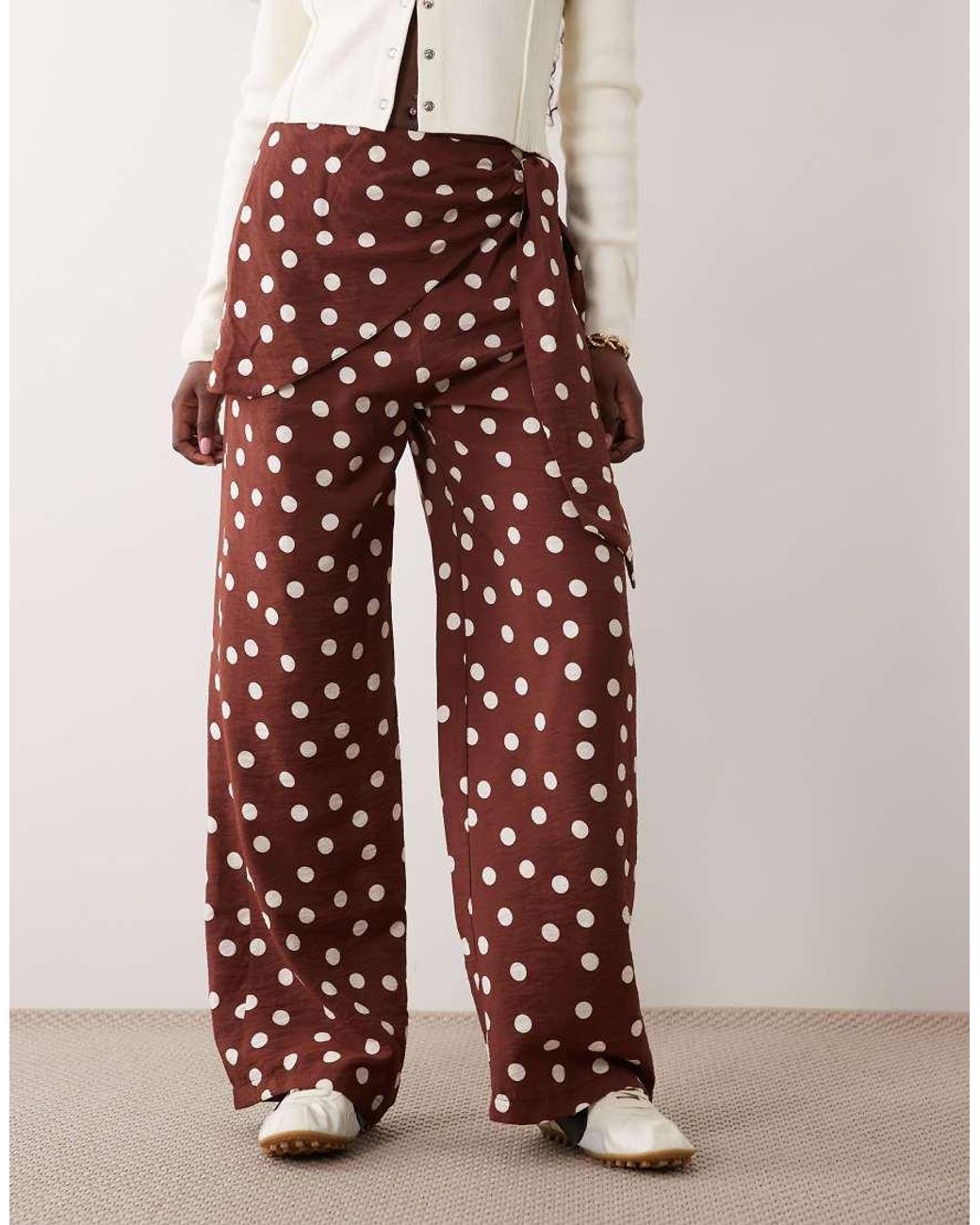 New Look Brown Polka Dot Tie Waist Wide Leg Trousers