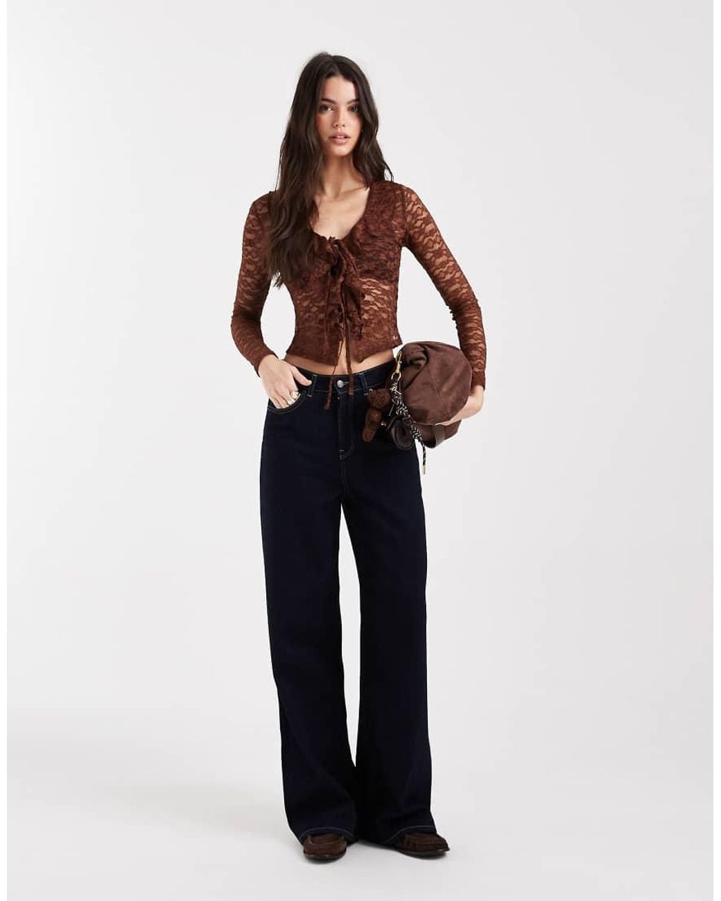 Miss Selfridge Blue Lace Ruffle Detail Long Sleeve Top