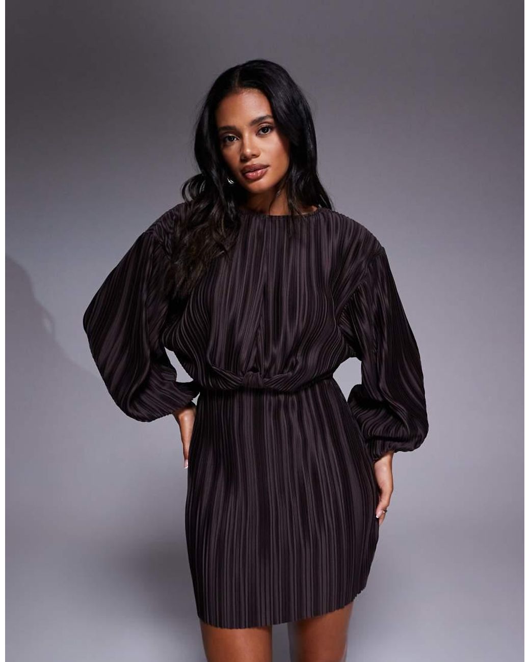 ASOS Purple Plisse Blouson Sleeve And Waist Mini Dress