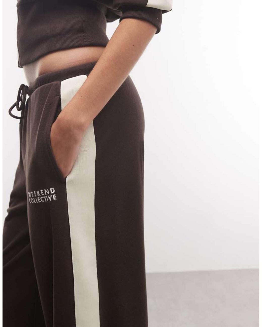 ASOS Brown Weekend Collective Co-Ord Micro Fleece Wide Leg Jogger With Side Stripe Detail
