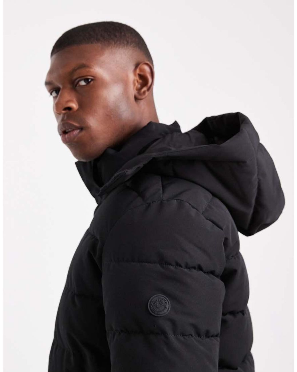 Only & Sons Black Waterproof Hooded Puffer Coat for men