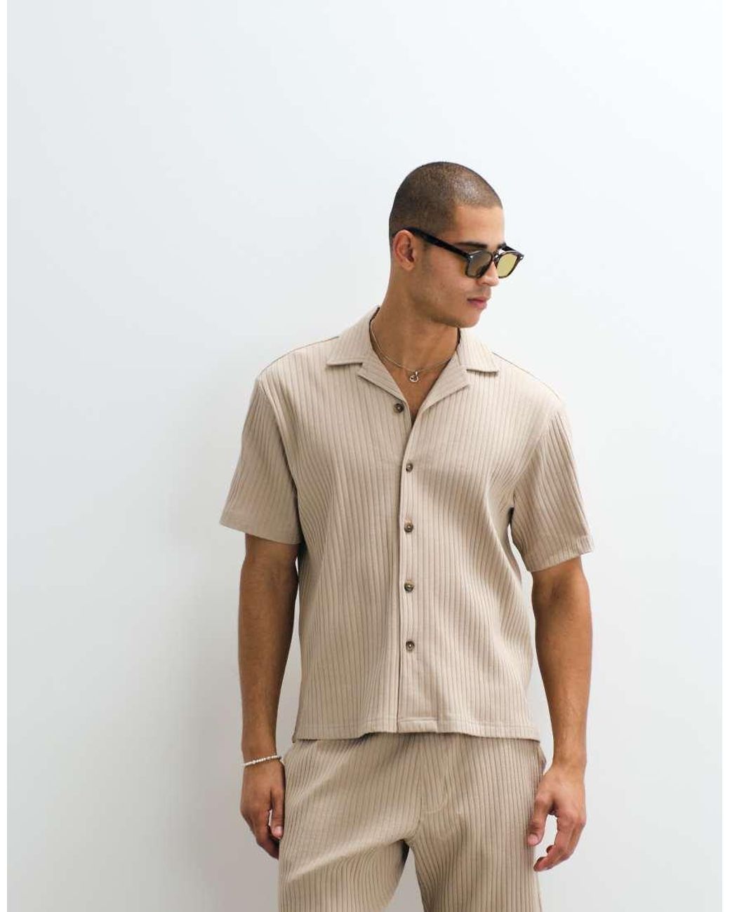 SELECTED Natural Co-ord Ribbed Short Sleeve Shirt for men
