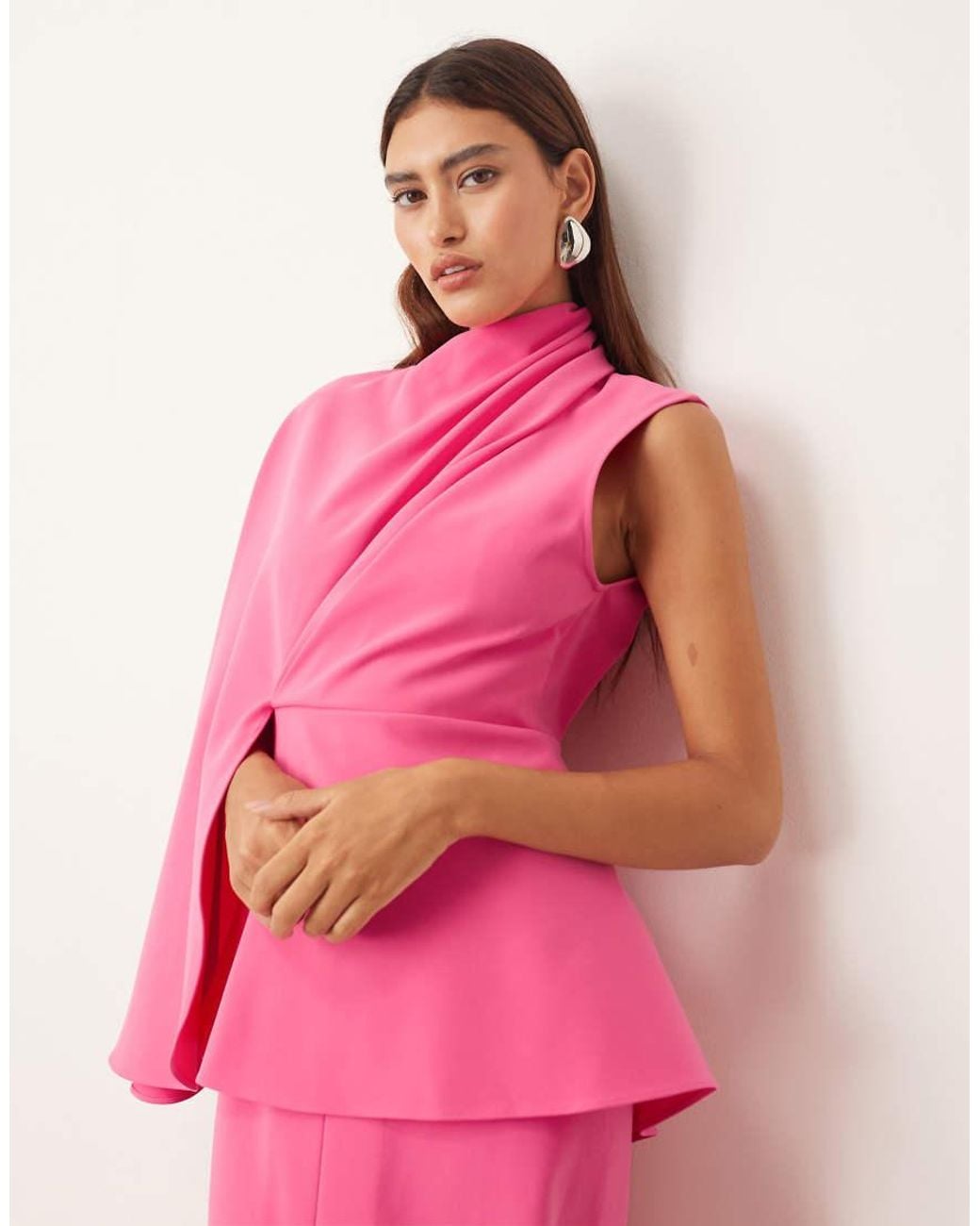 ARRANGE Pink Premium Heavy Crepe Asymmetric Sleeve Drape Panel Midi Dress
