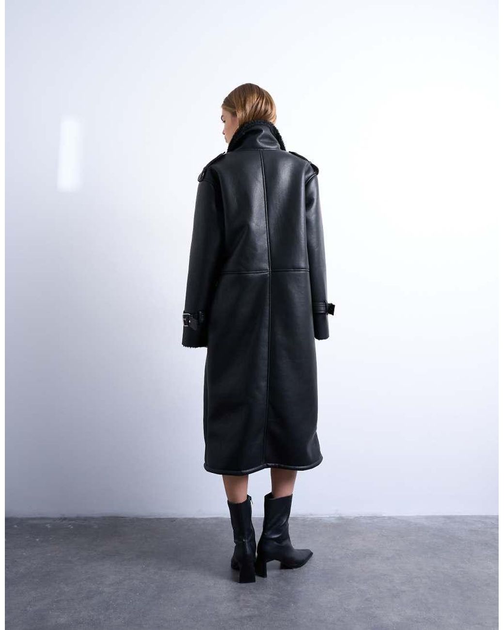 TOPSHOP Black Longline Oversized Aviator Teddy Coat