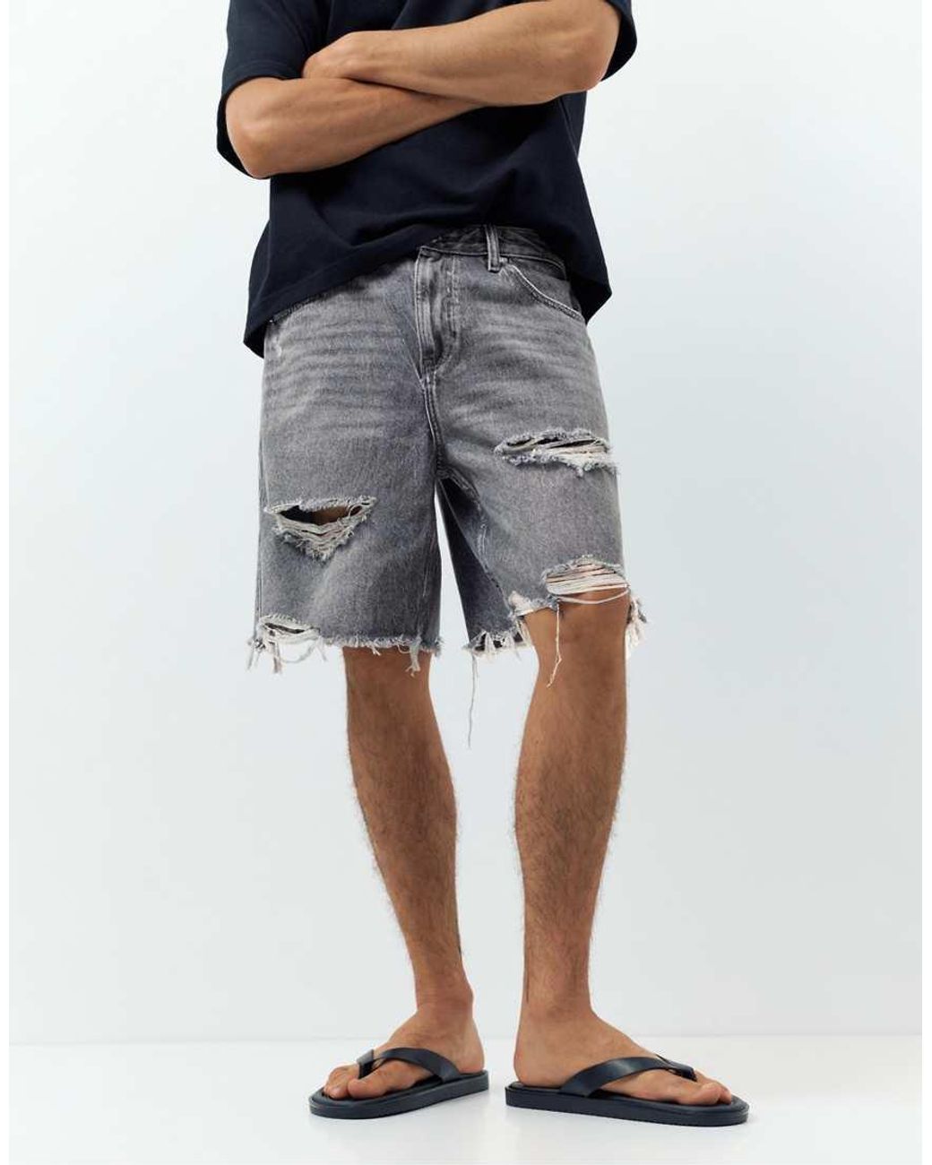 Pull&Bear Gray Straight-Leg Denim Bermuda Shorts for men