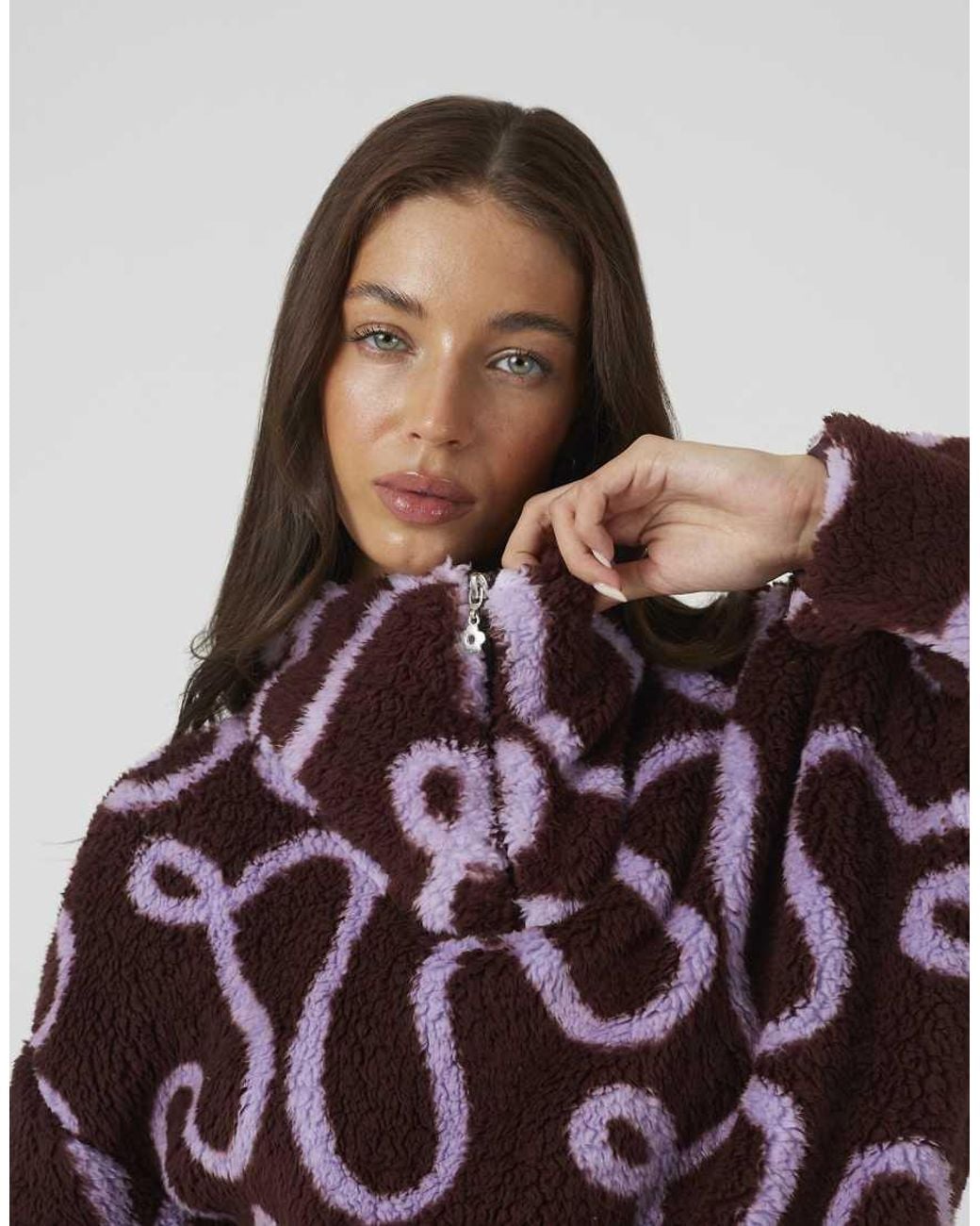 Brave Soul Purple Sherpa Fleece Squiggle Print Sweatshirt