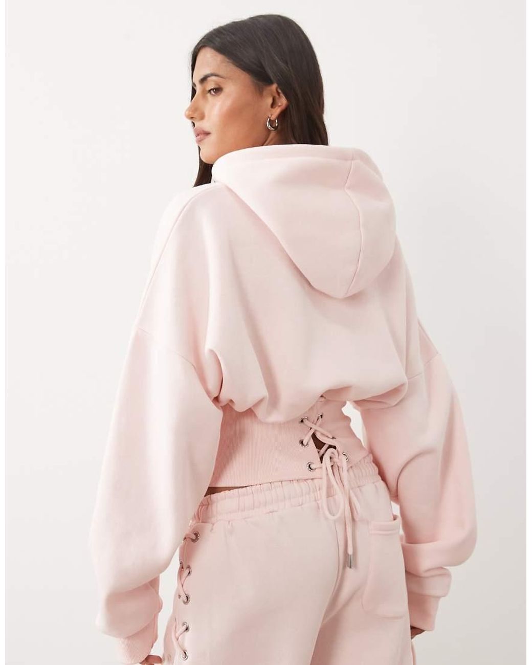 Kaiia Pink Cotton Rich Cinched Waist Lace Up Corset Detail Hoodie Co-ord
