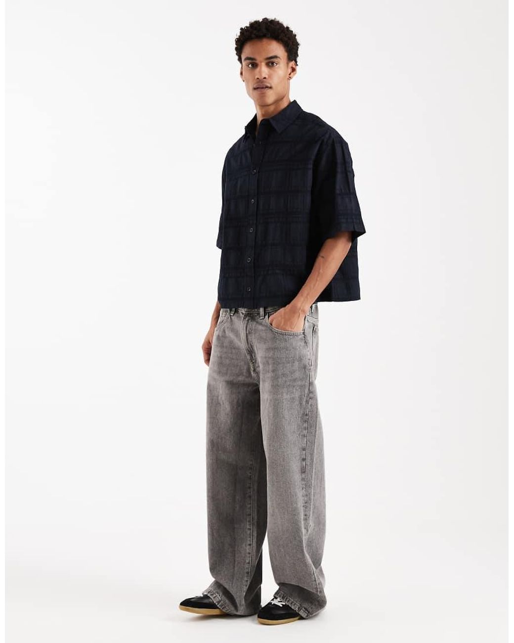 ASOS Blue Boxy Oversized Shirt With Textured Check for men