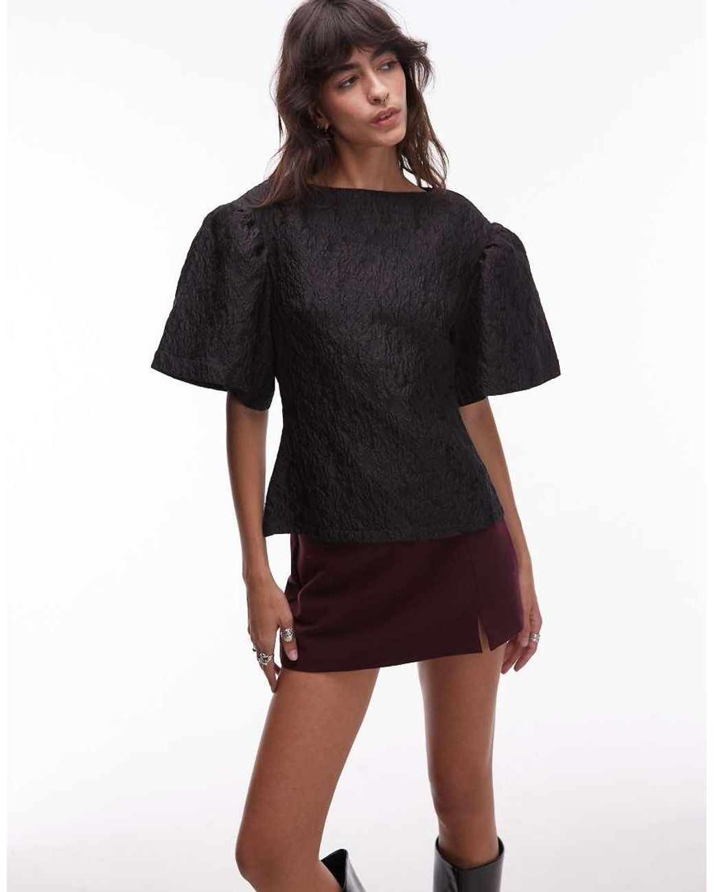 & Other Stories Black Pouf Sleeve Jacquard Texture Top