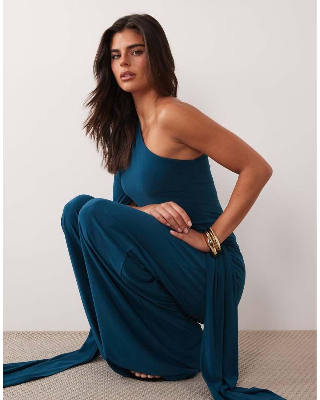 ASOS Blue Asymmetric One Shoulder Jumpsuit With Sash Cape Detail And Tie