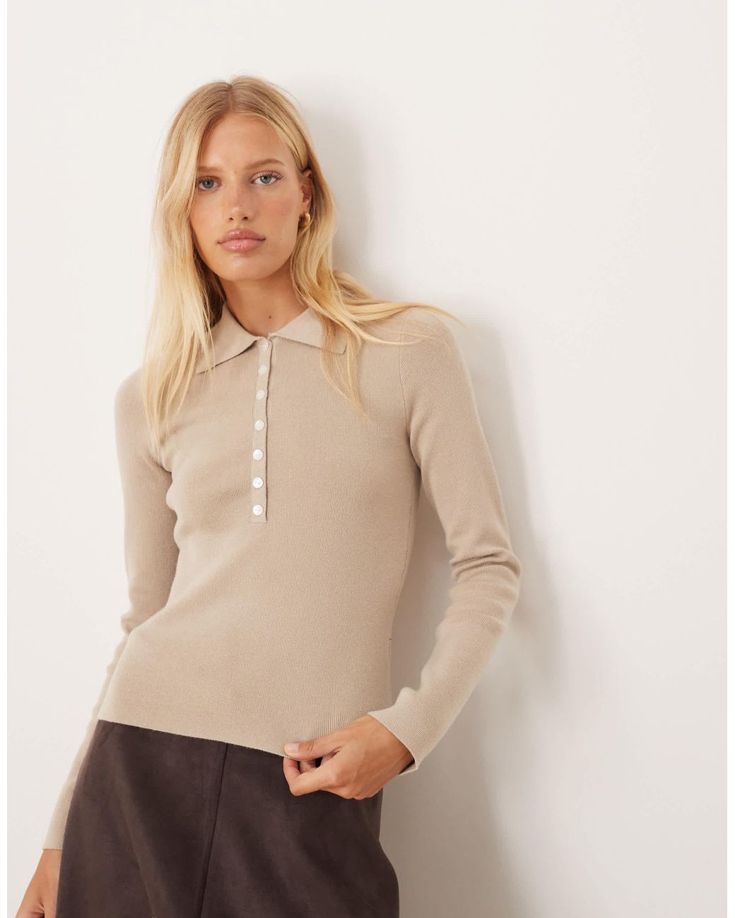 Pretty Lavish Natural Button Knit Polo Top