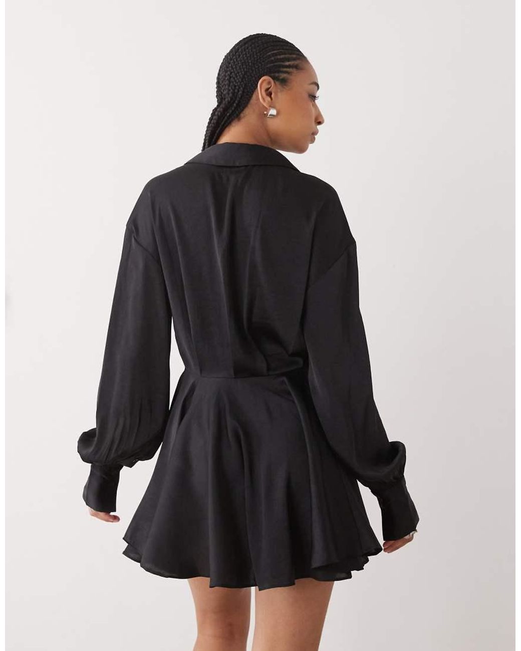 Monki Black Long Sleeve Crinkle Satin Shirt Dress With Floaty Skirt