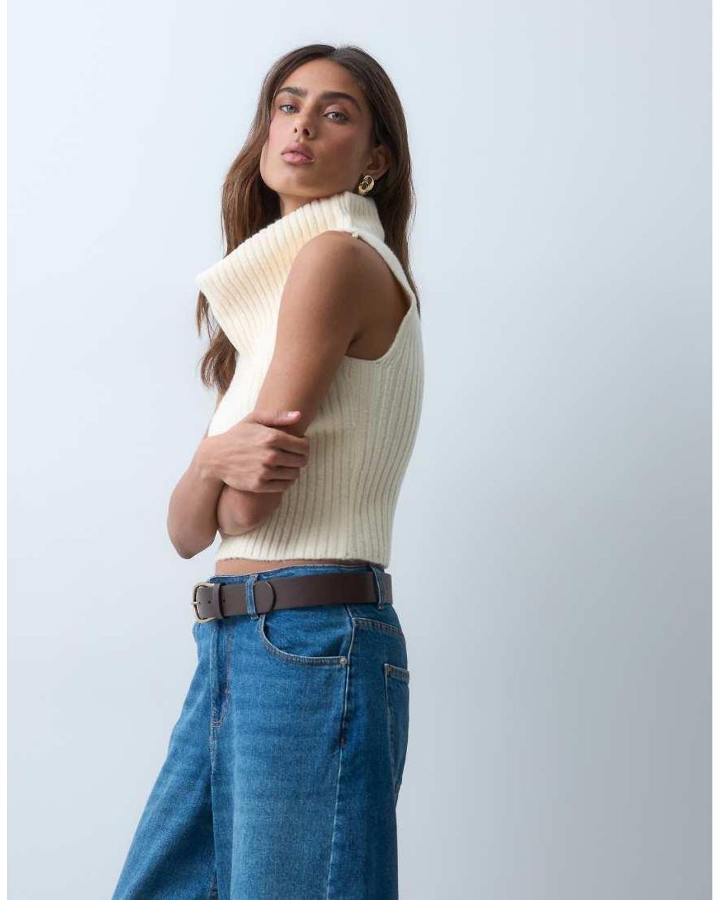 ASOS White Ribbed Sleeveless Jumper With Slouchy Funnel Neck