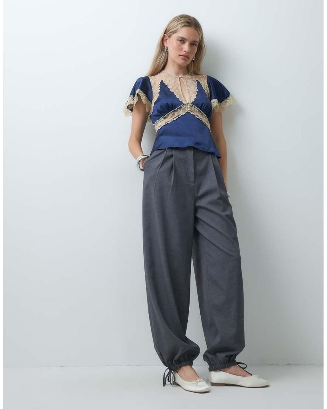 Reclaimed Vintage Blue Satin Tea Top With Contrast Lace Trim