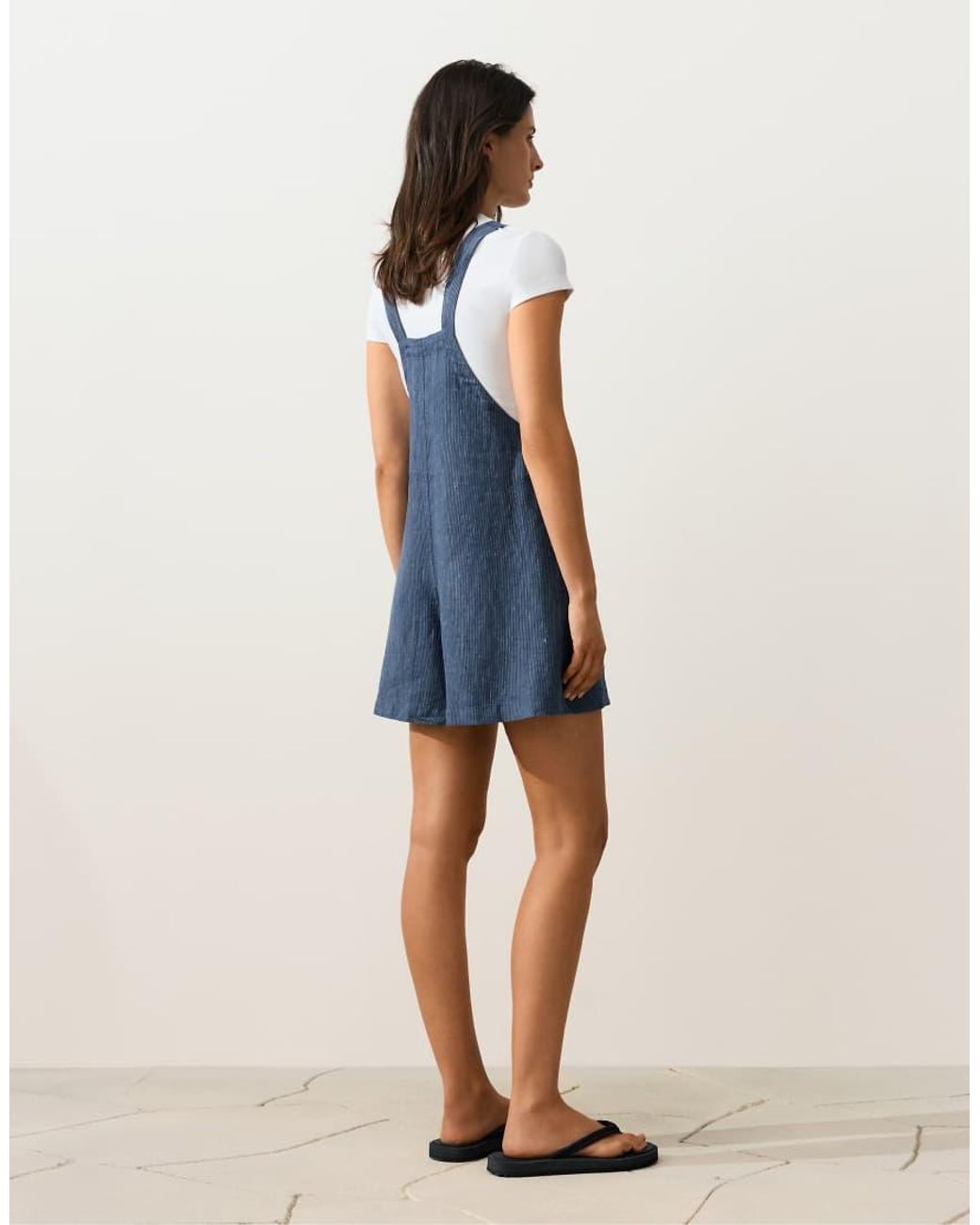 Oysho Blue Short Strappy 100% Linen Jumpsuit